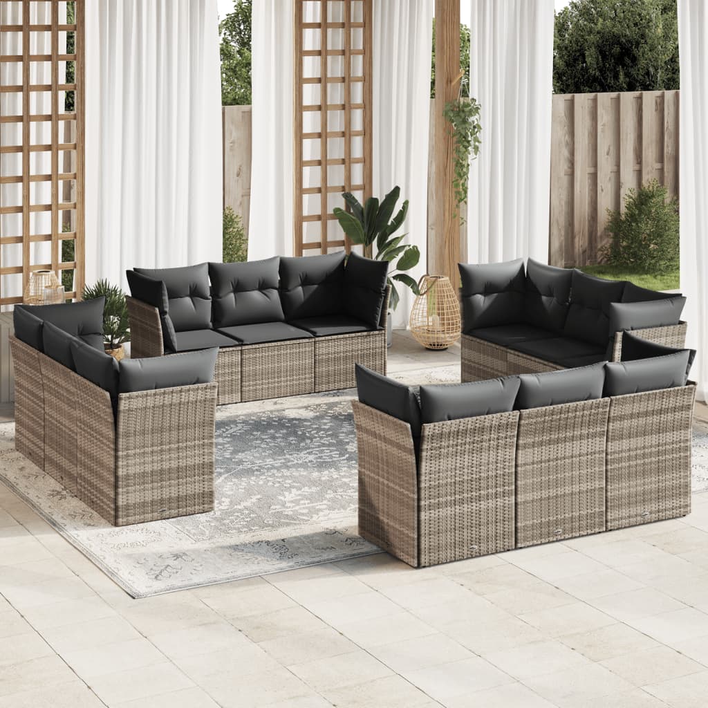 12-tlg. Garten-Sofagarnitur mit Kissen Hellgrau Poly Rattan