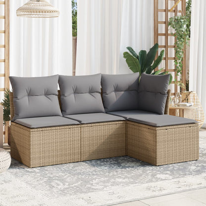 4-tlg. Garten-Sofagarnitur mit Kissen Beige Poly Rattan