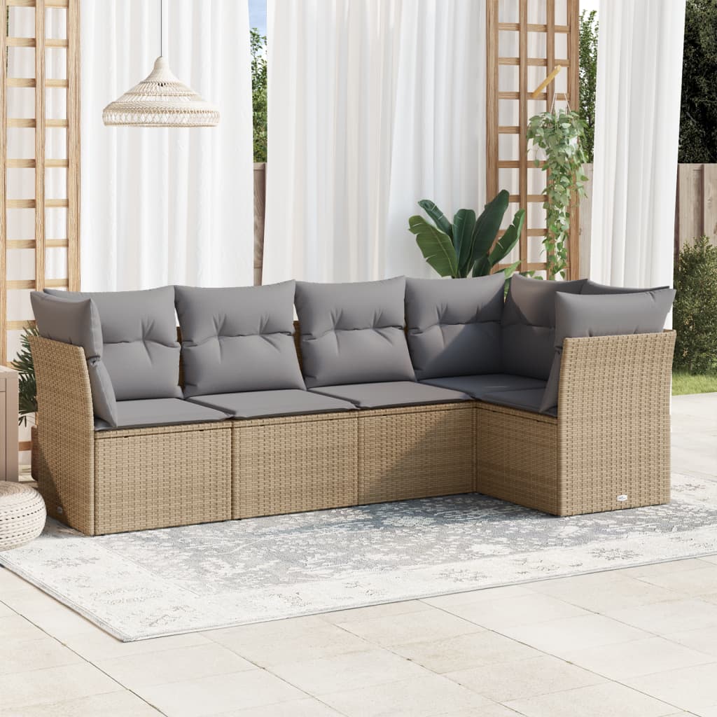 5-tlg. Garten-Sofagarnitur mit Kissen Beige Poly Rattan