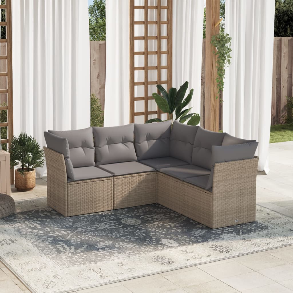 5-tlg. Garten-Sofagarnitur mit Kissen Beige Poly Rattan