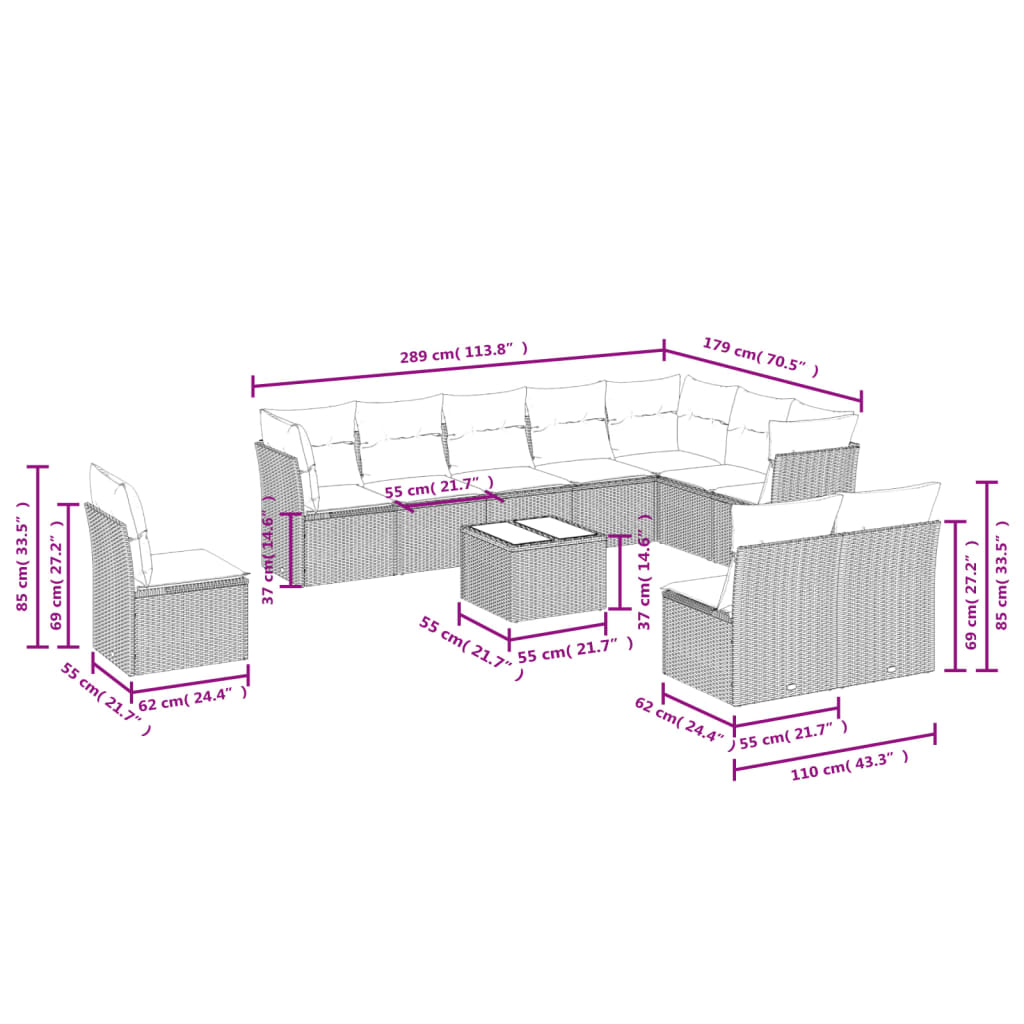 11-tlg. Garten-Sofagarnitur mit Kissen Hellgrau Poly Rattan