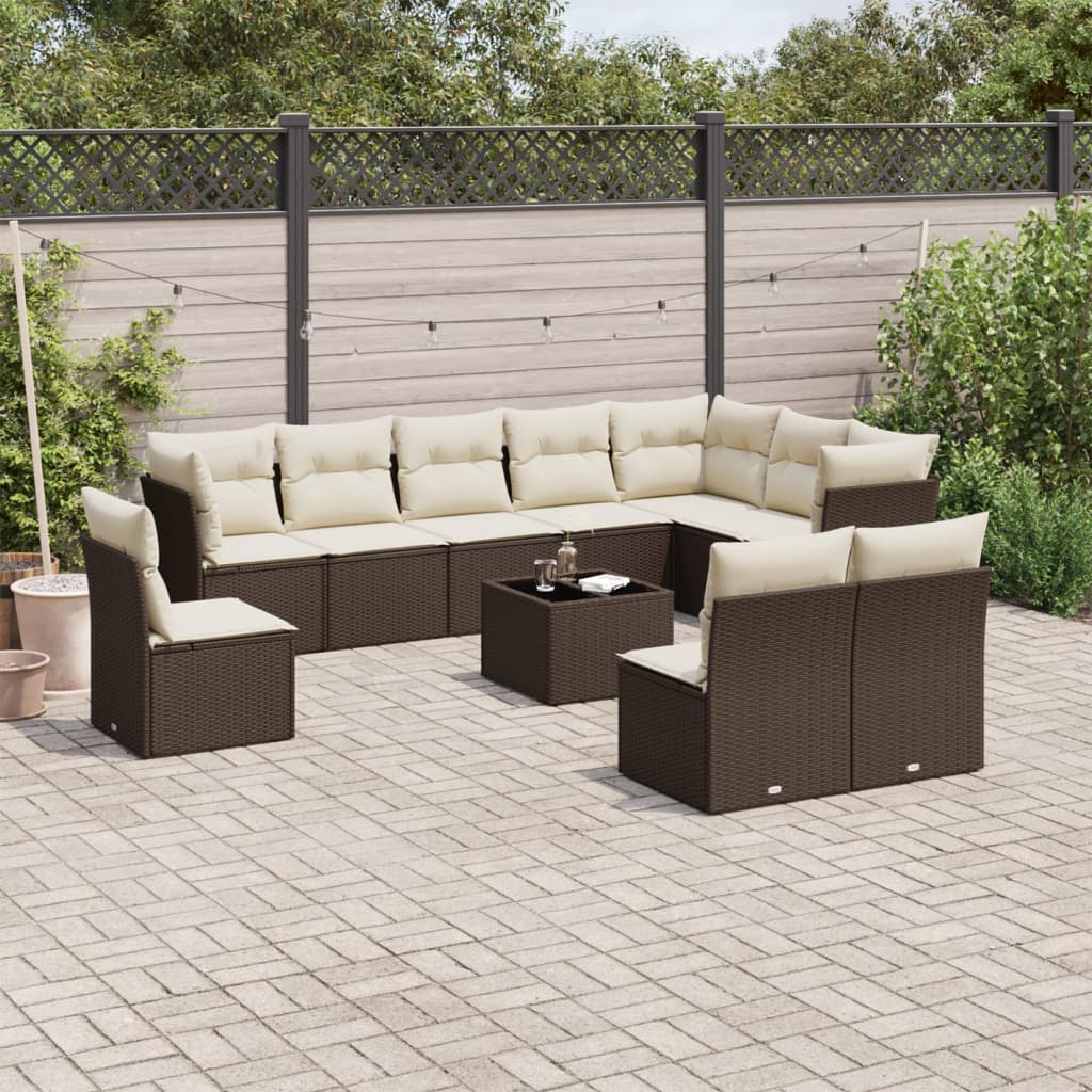 11-tlg. Garten-Sofagarnitur mit Kissen Braun Poly Rattan