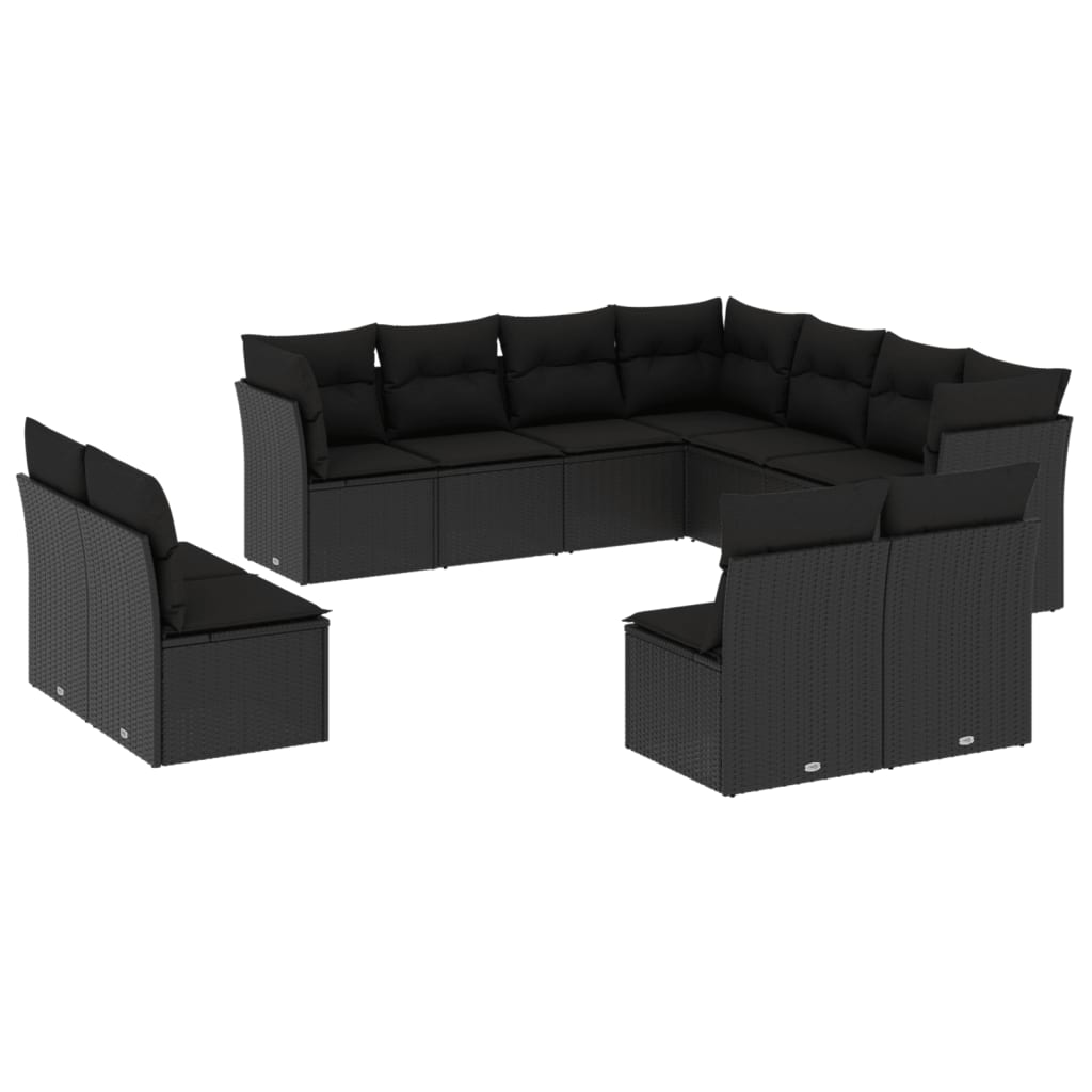 11 pièces. Ensemble de canapé de jardin avec coussin en polyrotin noir