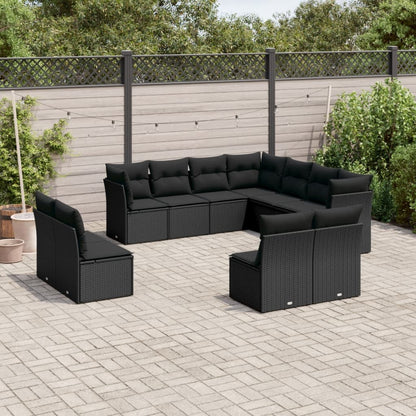 11 pièces. Ensemble de canapé de jardin avec coussin en polyrotin noir