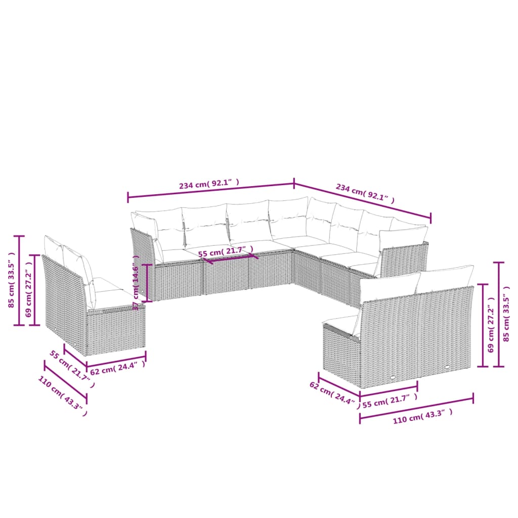 11-tlg. Garten-Sofagarnitur mit Kissen Hellgrau Poly Rattan