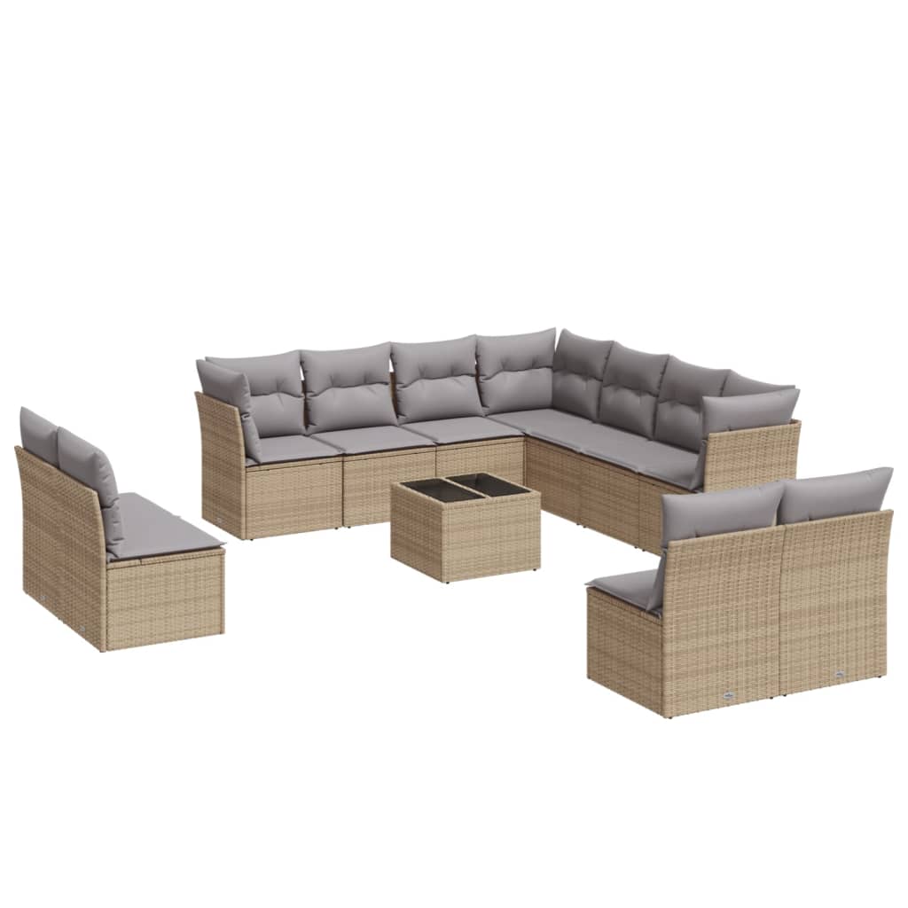 12-tlg. Garten-Sofagarnitur mit Kissen Beige Poly Rattan