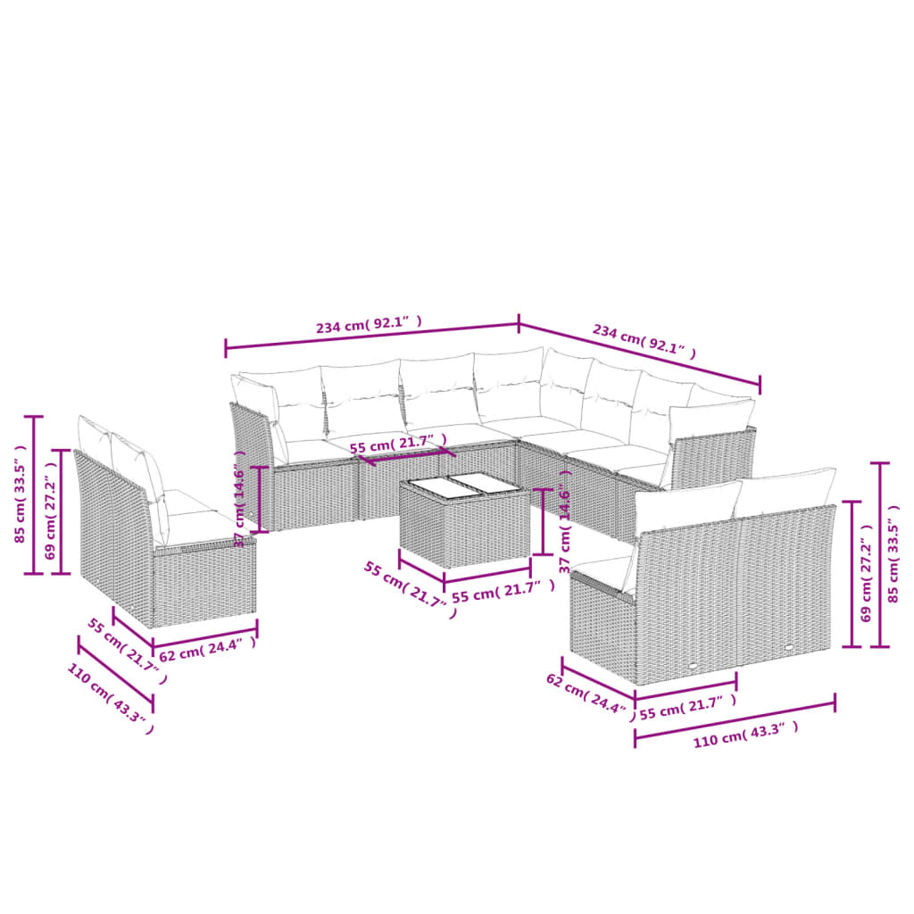 12-tlg. Garten-Sofagarnitur mit Kissen Hellgrau Poly Rattan