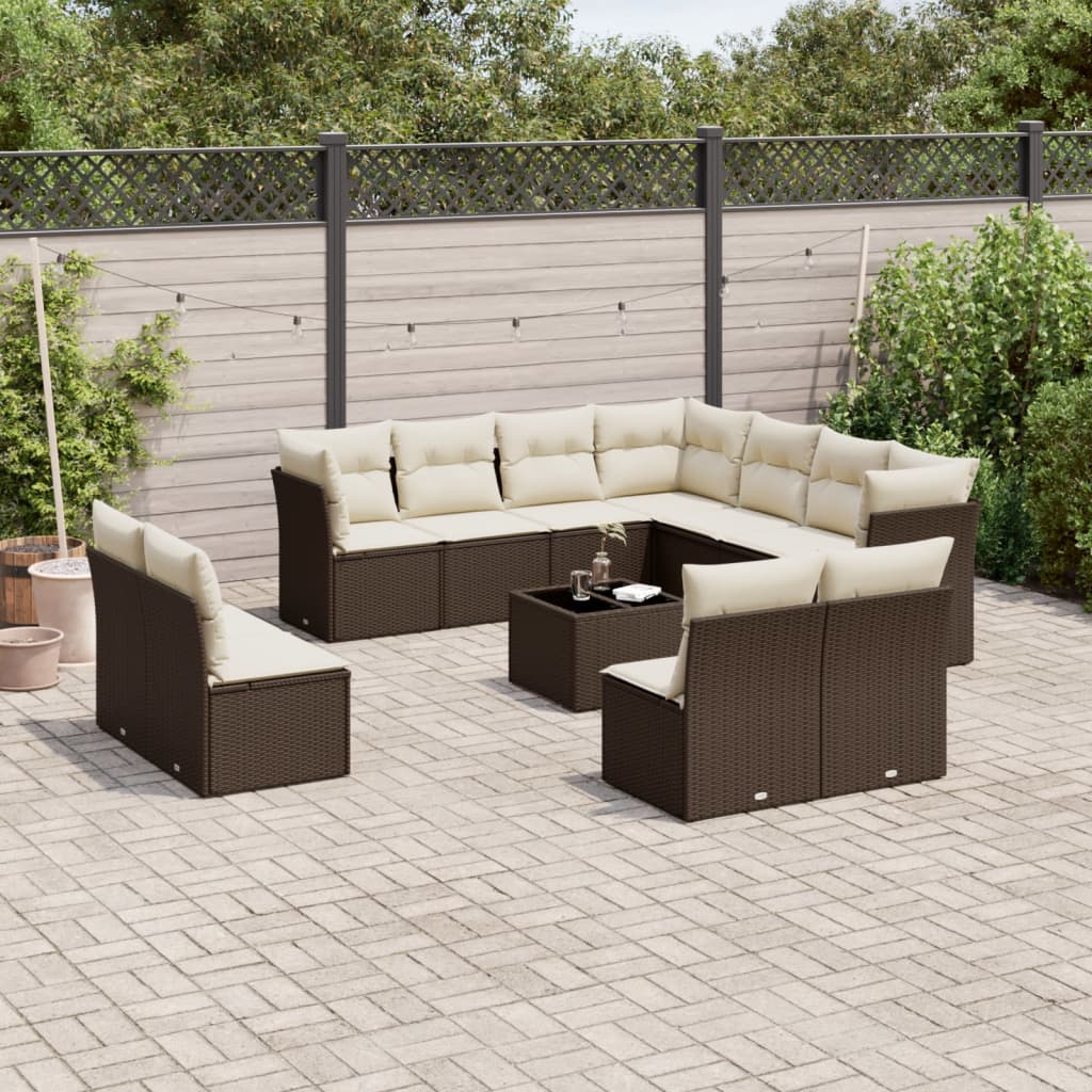 12-tlg. Garten-Sofagarnitur mit Kissen Braun Poly Rattan