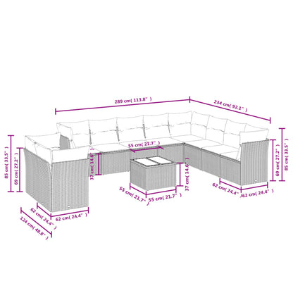 11-tlg. Garten-Sofagarnitur mit Kissen Grau Poly Rattan