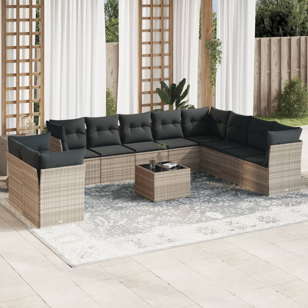 11-tlg. Garten-Sofagarnitur mit Kissen Hellgrau Poly Rattan