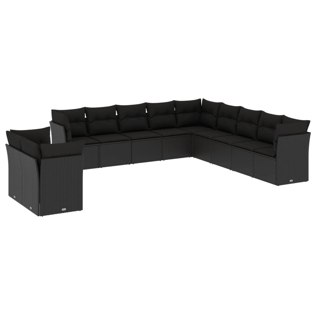 11 pièces. Ensemble de canapé de jardin avec coussin en polyrotin noir