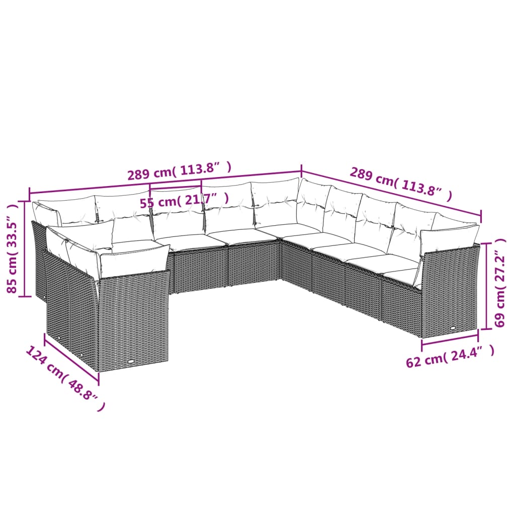 11 pièces. Ensemble de canapé de jardin avec coussin en polyrotin noir