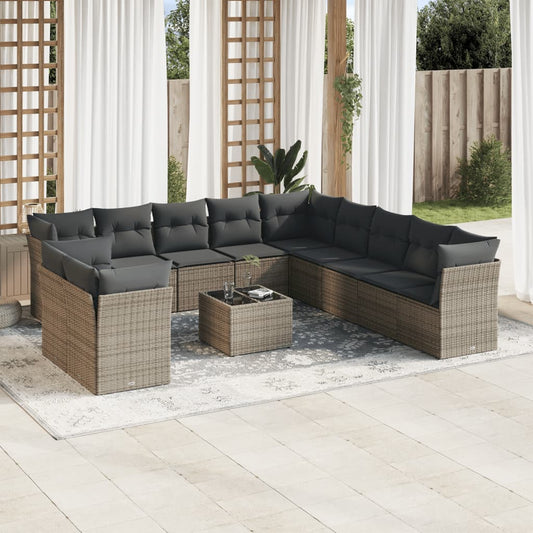 12-tlg. Garten-Sofagarnitur mit Kissen Grau Poly Rattan