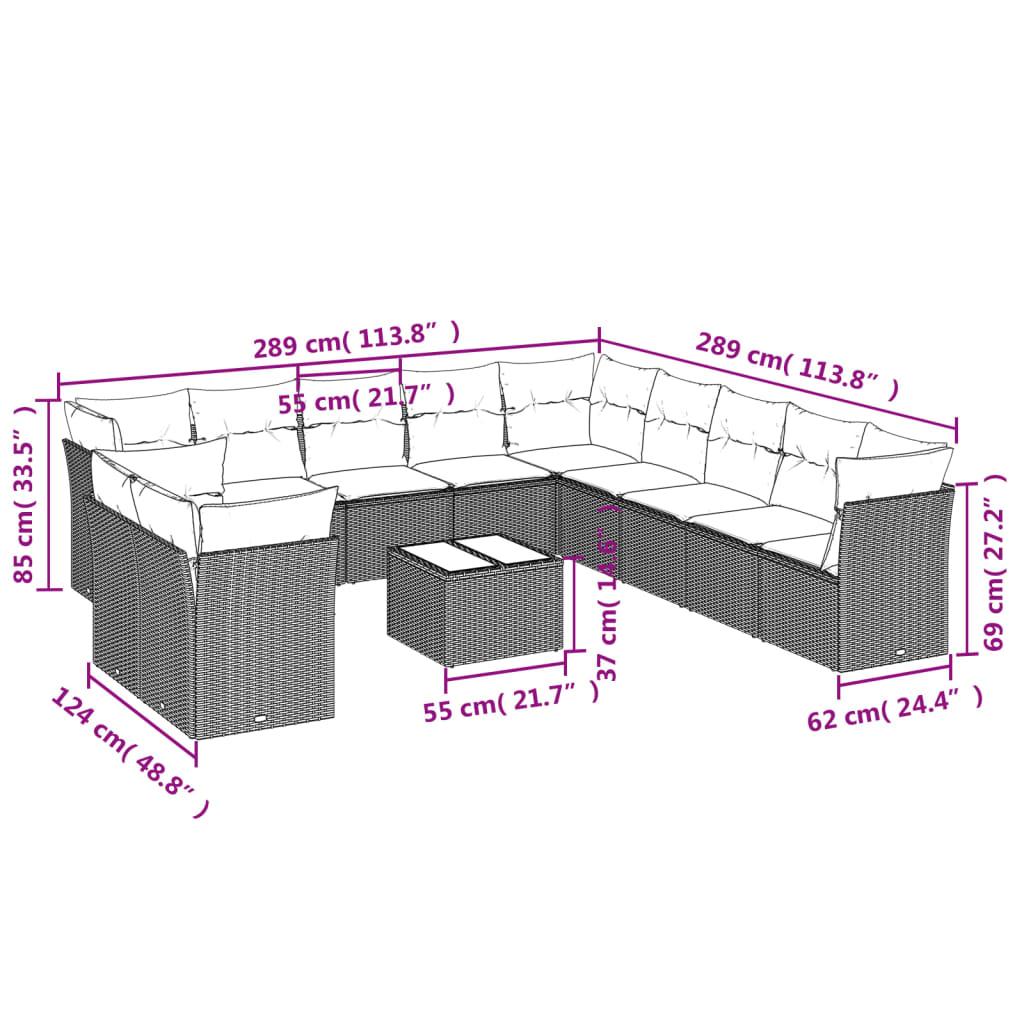 12-tlg. Garten-Sofagarnitur mit Kissen Braun Poly Rattan