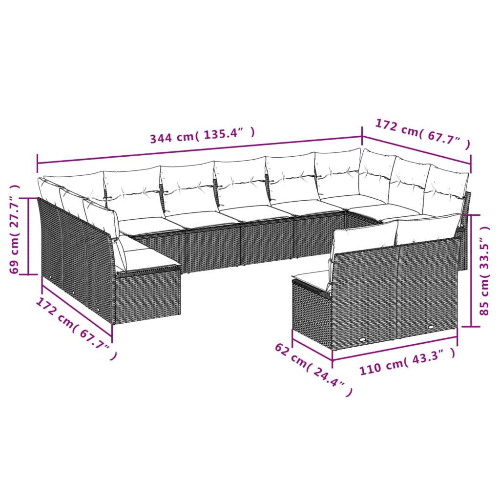 12-tlg. Garten-Sofagarnitur mit Kissen Hellgrau Poly Rattan