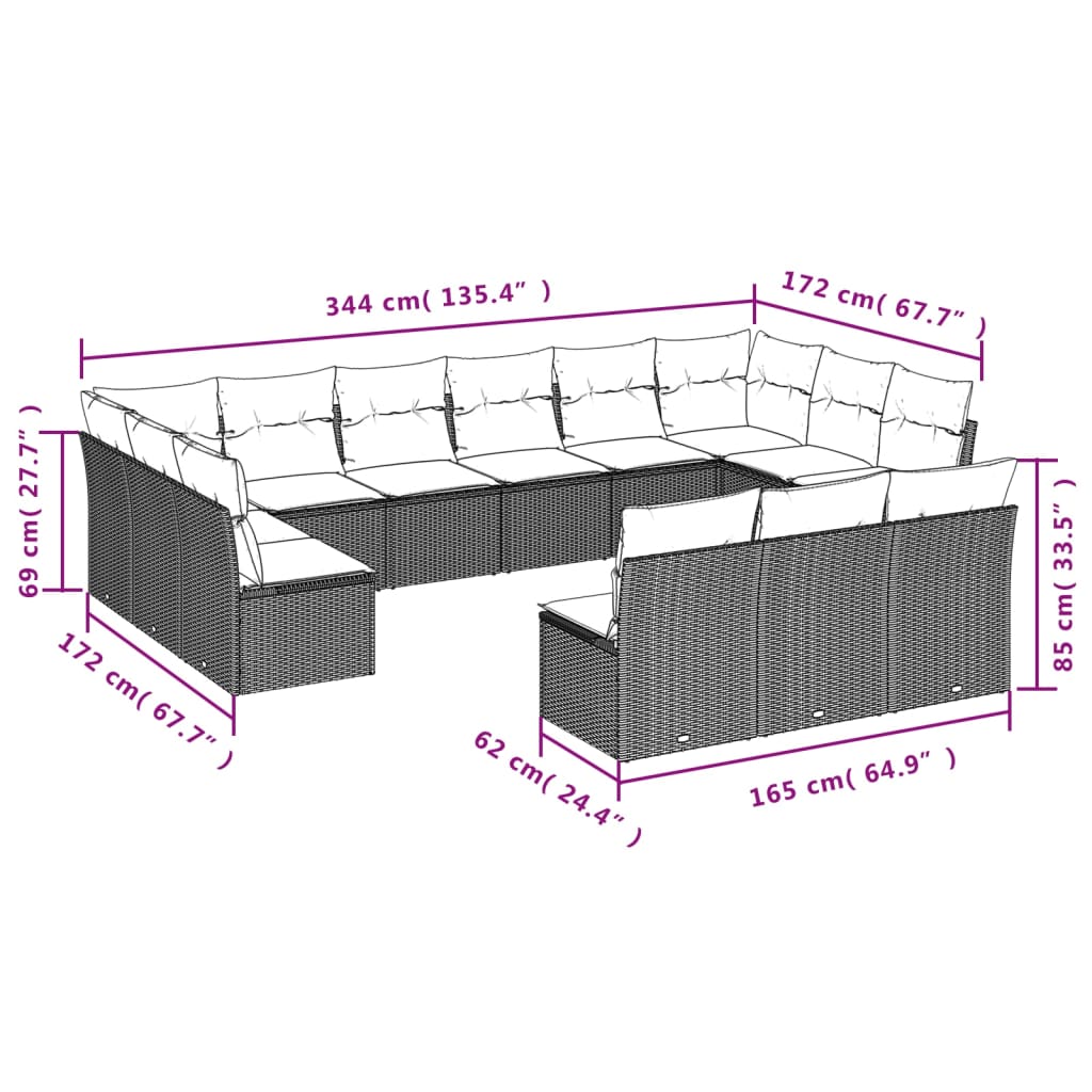 13-tlg. Garten-Sofagarnitur mit Kissen Grau Poly Rattan