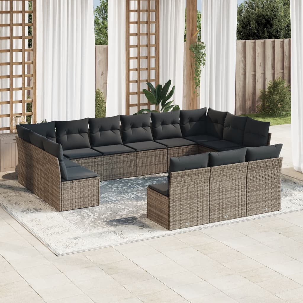 13-tlg. Garten-Sofagarnitur mit Kissen Grau Poly Rattan