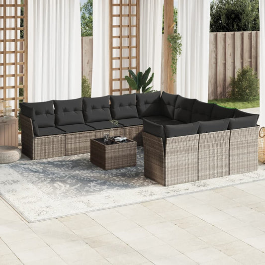 12-tlg. Garten-Sofagarnitur mit Kissen Hellgrau Poly Rattan