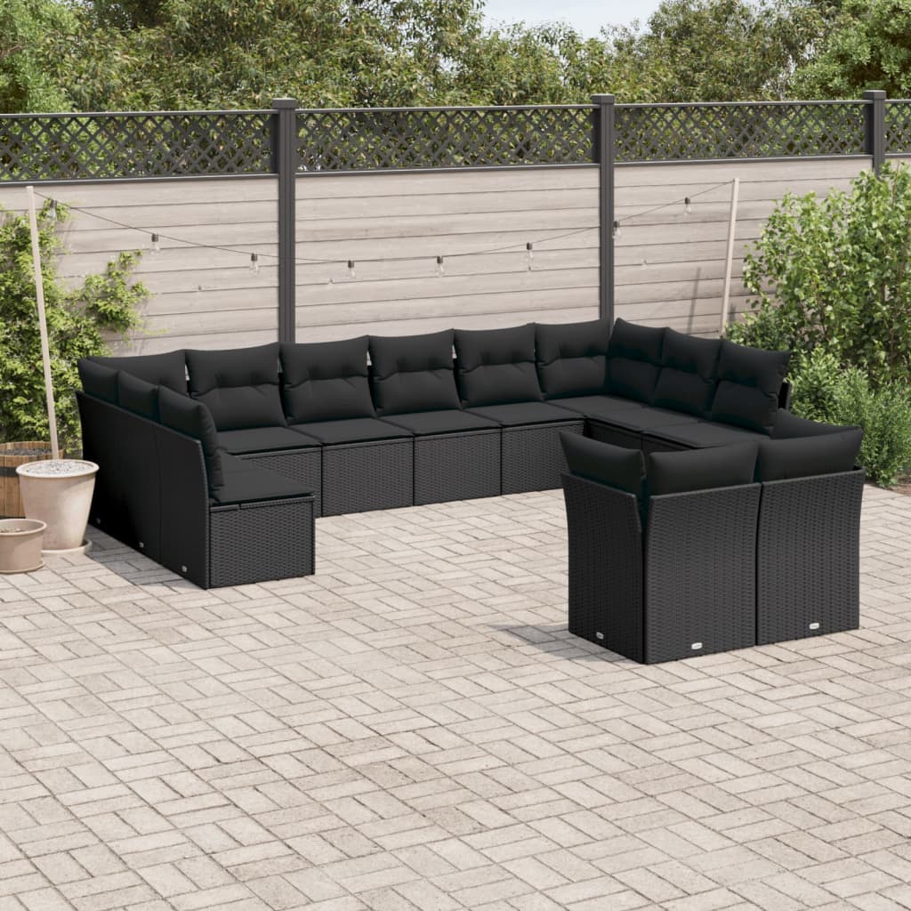 12-tlg. Garten-Sofagarnitur mit Kissen Schwarz Poly Rattan