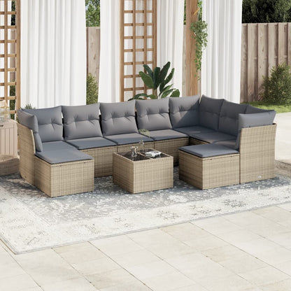 10-tlg. Garten-Sofagarnitur mit Kissen Beige Poly Rattan