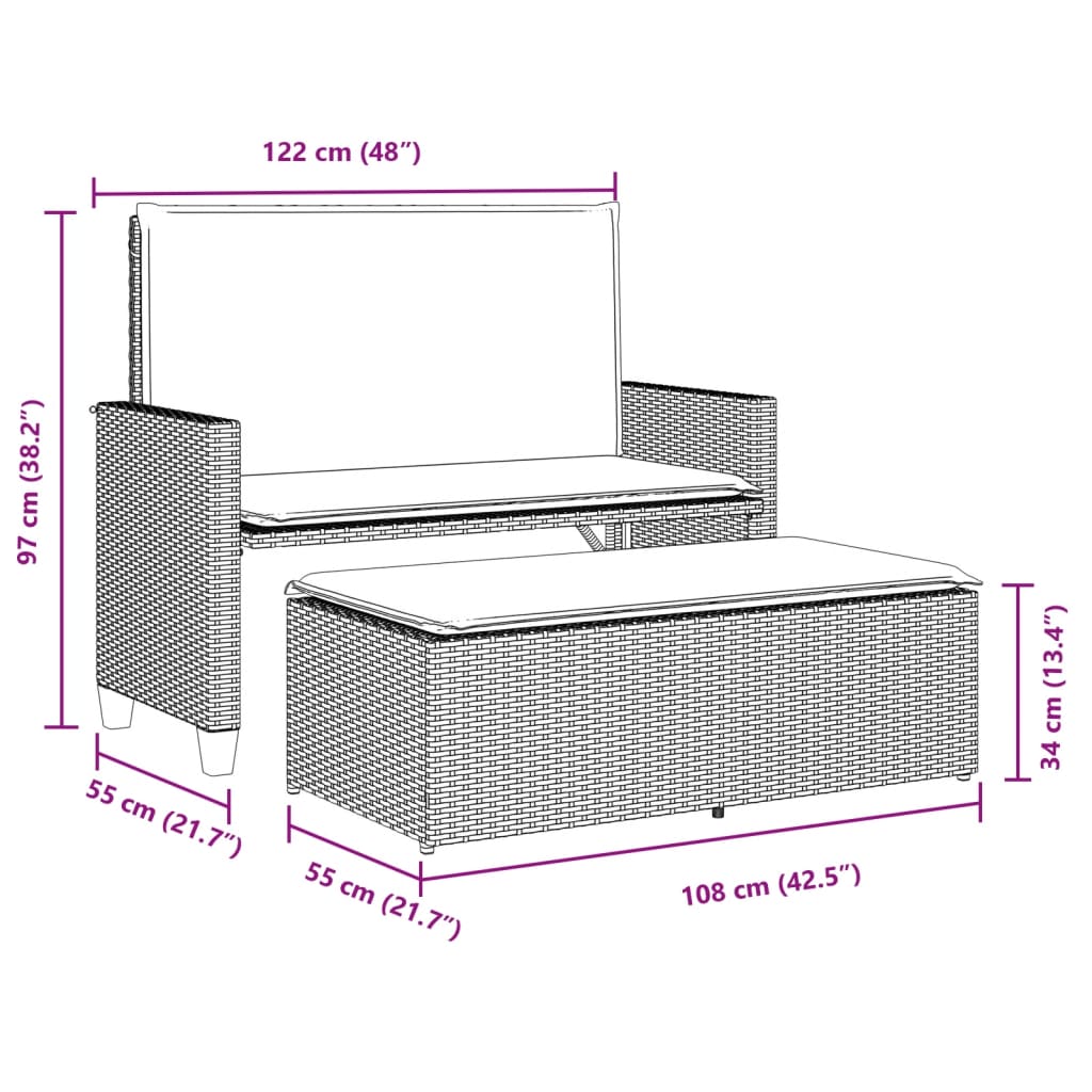 Gartenbank mit Kissen und Hocker Braun Poly Rattan