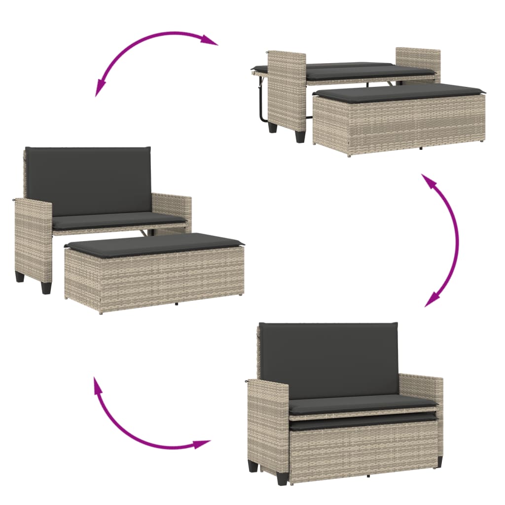 Gartenbank mit Kissen und Hocker Hellgrau Poly Rattan