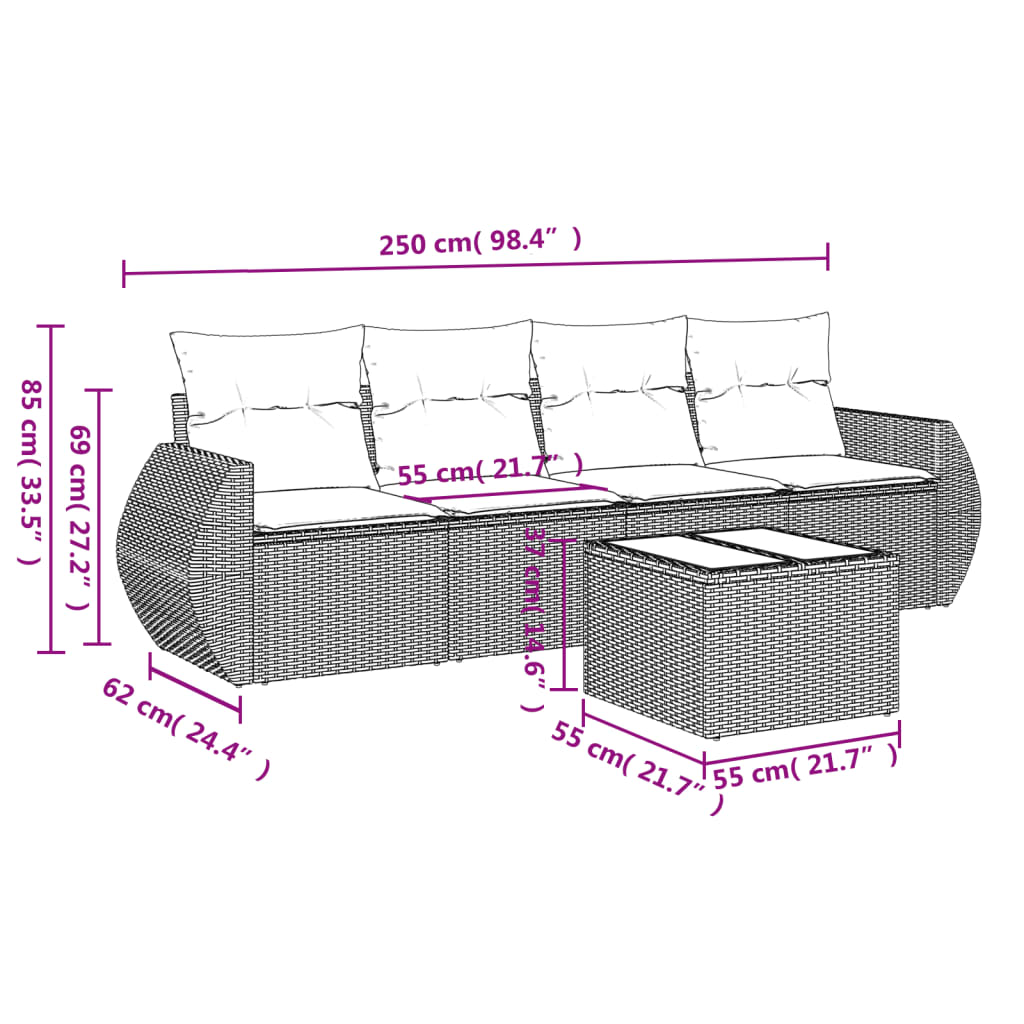 5-tlg. Garten-Sofagarnitur mit Kissen Hellgrau Poly Rattan