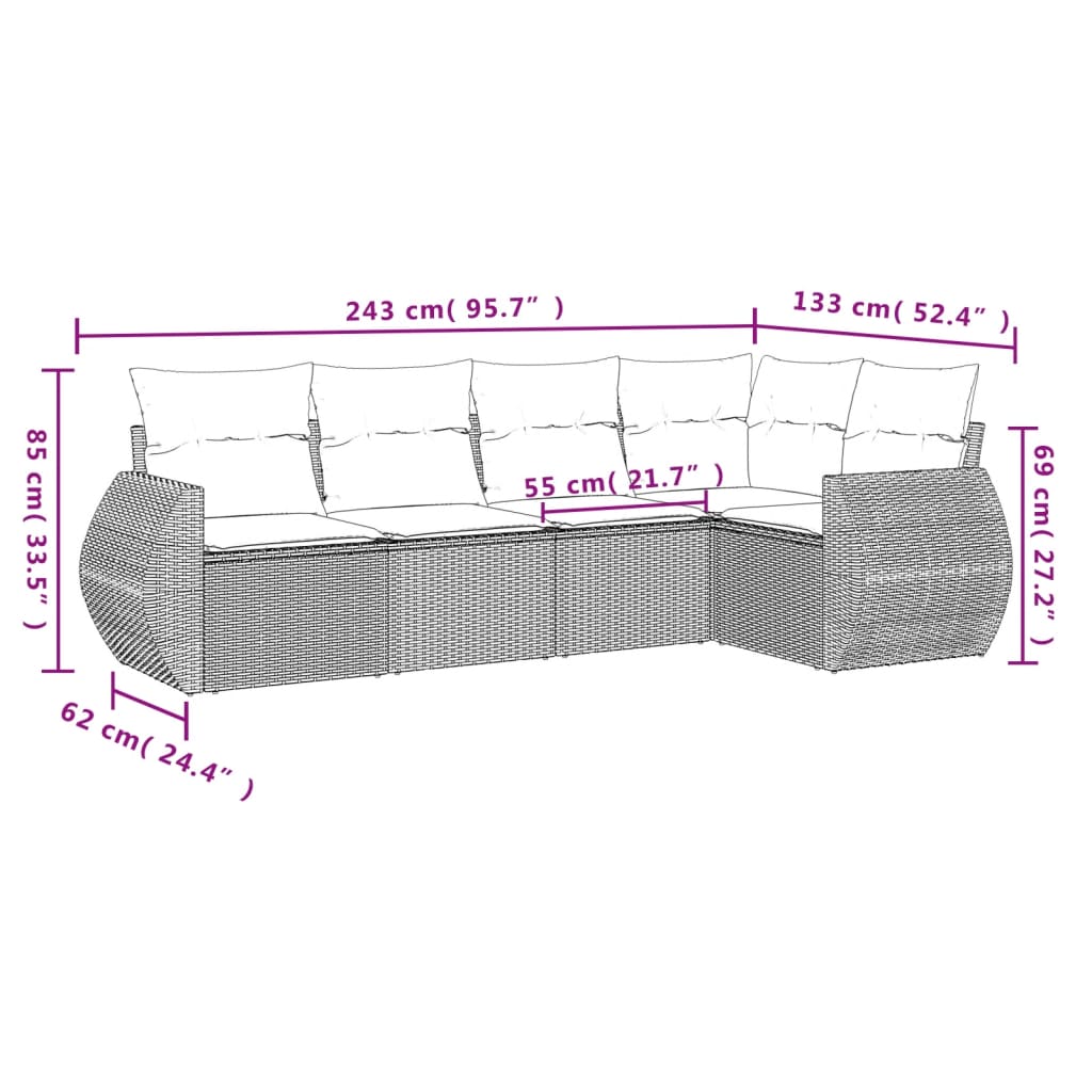 5-tlg. Garten-Sofagarnitur mit Kissen Hellgrau Poly Rattan