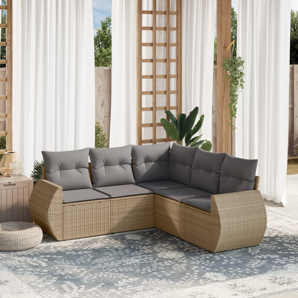 5-tlg. Garten-Sofagarnitur mit Kissen Beige Poly Rattan