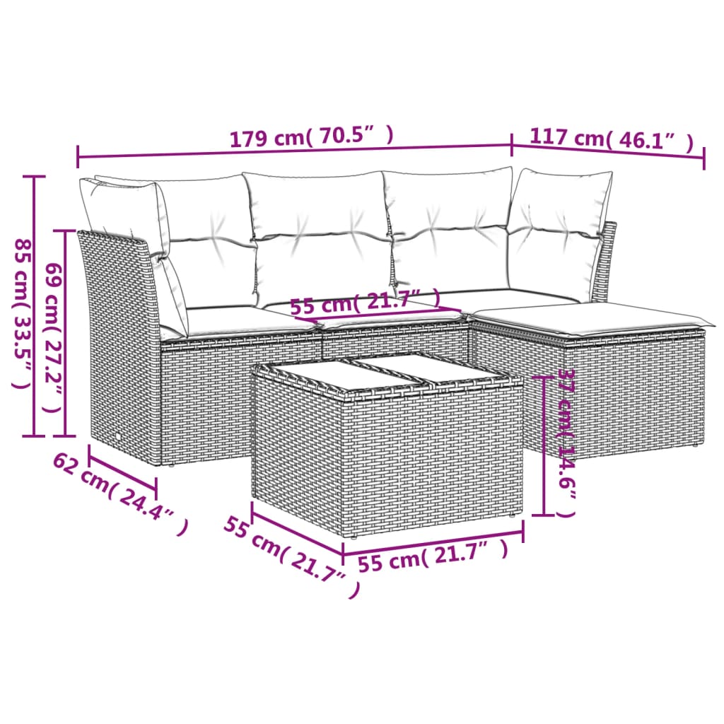 5-tlg. Garten-Sofagarnitur mit Kissen Hellgrau Poly Rattan