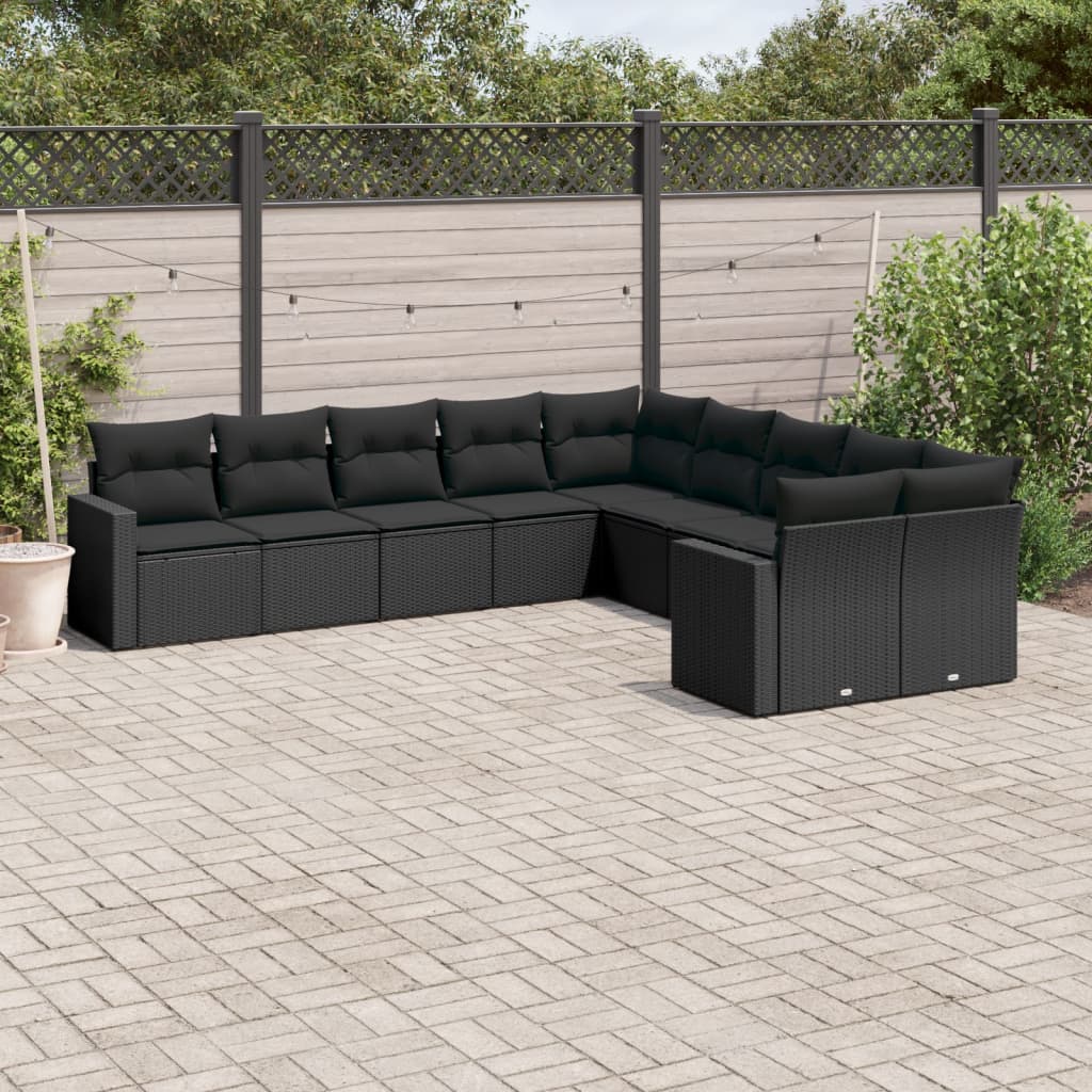 10-tlg. Garten-Sofagarnitur mit Kissen Schwarz Poly Rattan