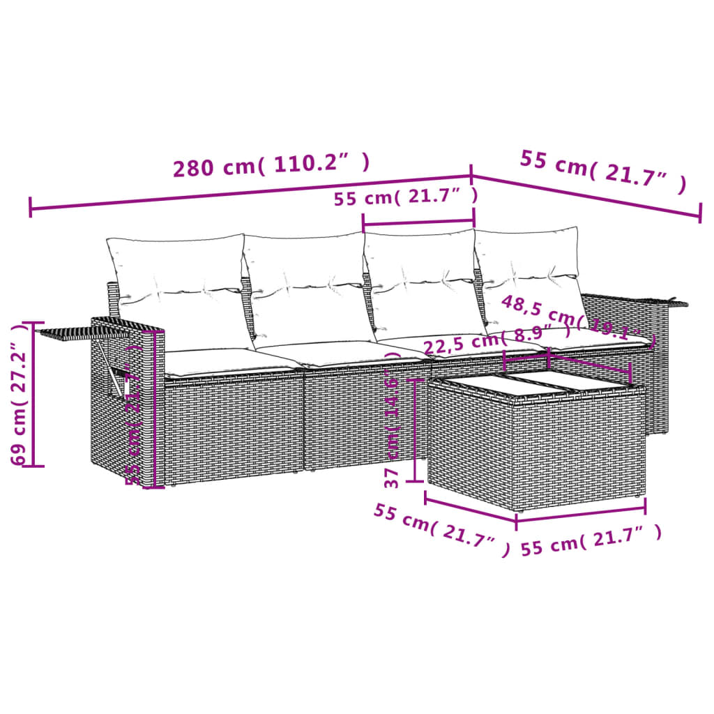 5-tlg. Garten-Sofagarnitur mit Kissen Hellgrau Poly Rattan