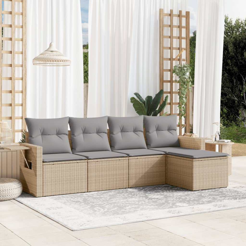 5-tlg. Garten-Sofagarnitur mit Kissen Beige Poly Rattan