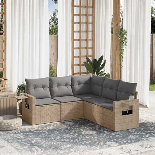 5-tlg. Garten-Sofagarnitur mit Kissen Beige Poly Rattan