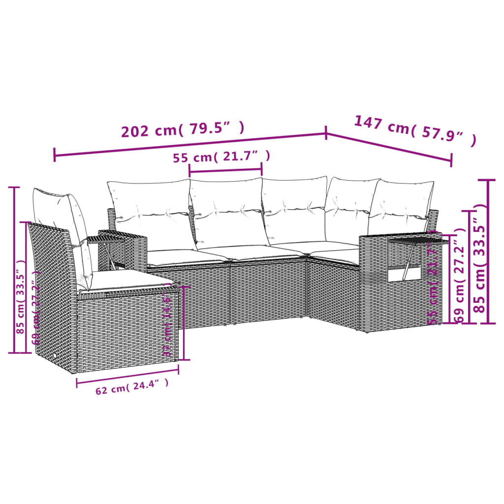 5-tlg. Garten-Sofagarnitur mit Kissen Beige Poly Rattan