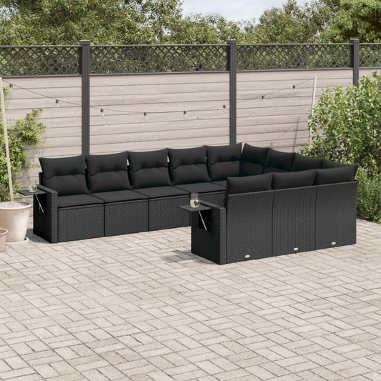 10-tlg. Garten-Sofagarnitur mit Kissen Schwarz Poly Rattan