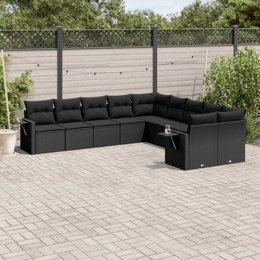 10-tlg. Garten-Sofagarnitur mit Kissen Schwarz Poly Rattan