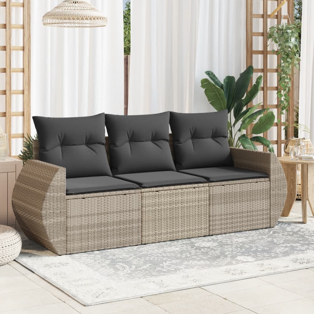 3-tlg. Garten-Sofagarnitur mit Kissen Hellgrau Poly Rattan