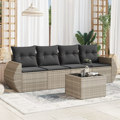 5-tlg. Garten-Sofagarnitur mit Kissen Hellgrau Poly Rattan