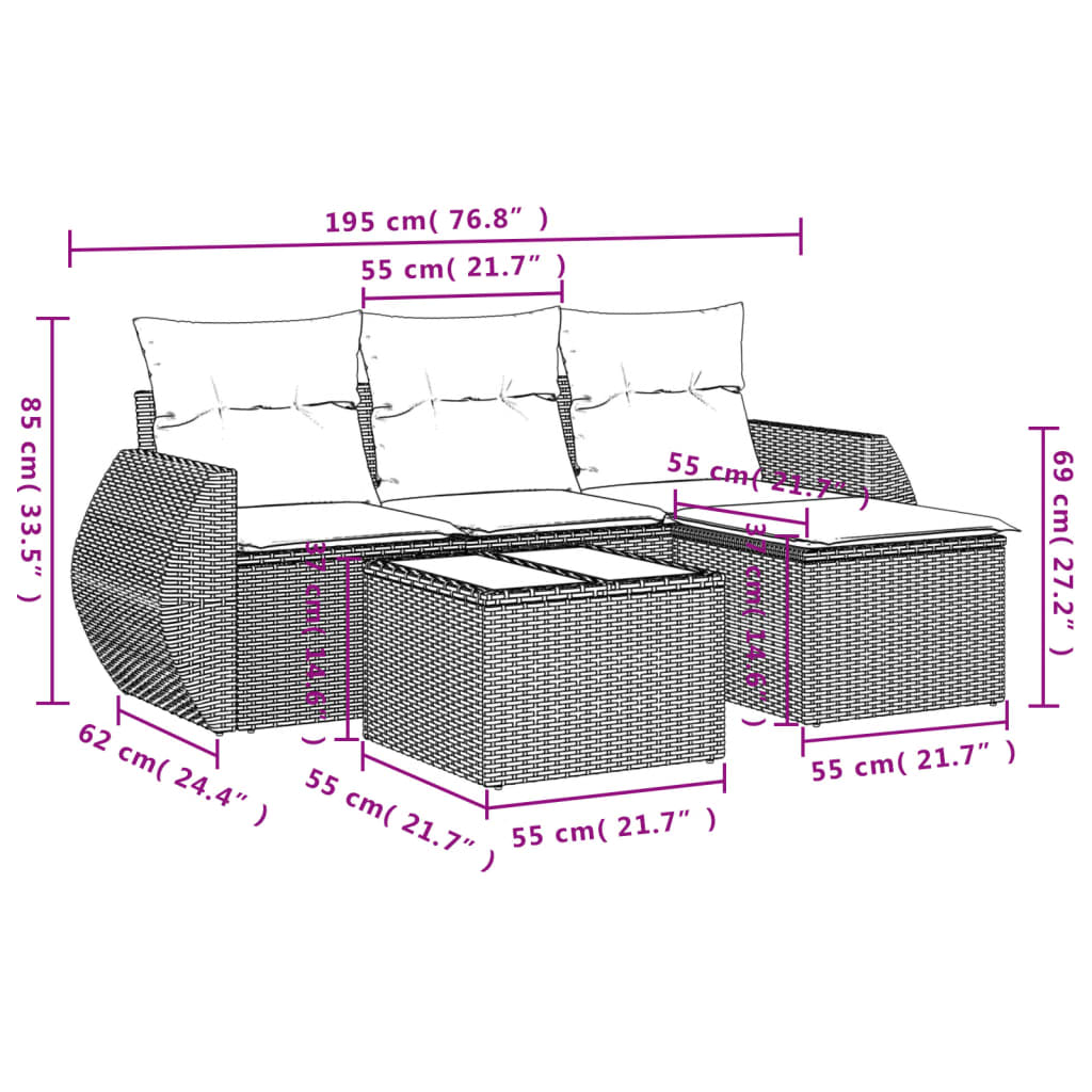 5-tlg. Garten-Sofagarnitur mit Kissen Hellgrau Poly Rattan