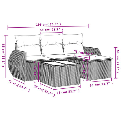 5-tlg. Garten-Sofagarnitur mit Kissen Hellgrau Poly Rattan