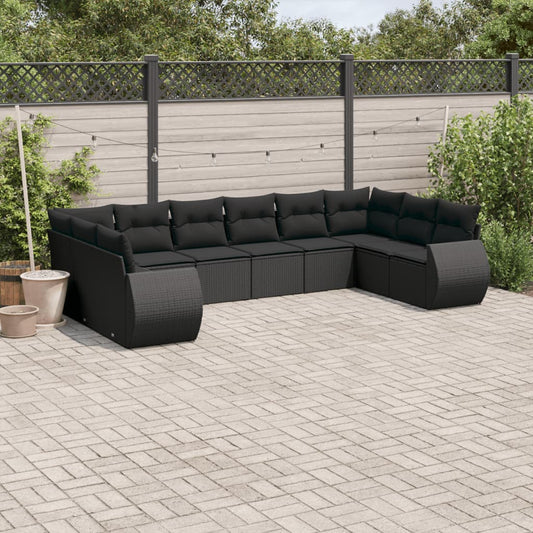 10-tlg. Garten-Sofagarnitur mit Kissen Schwarz Poly Rattan