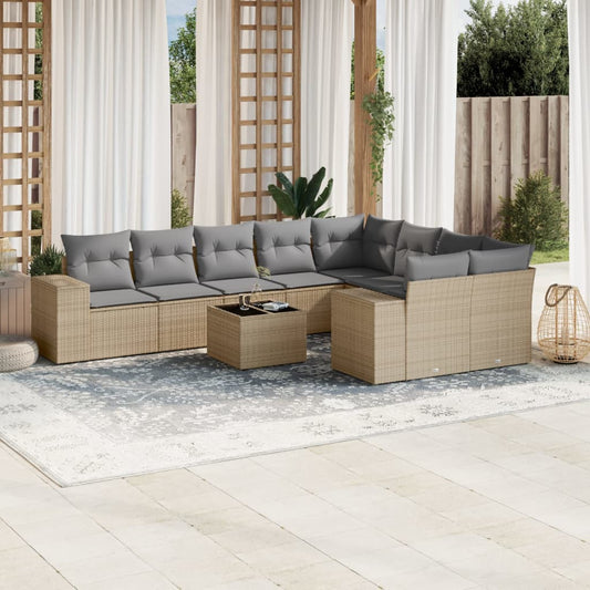 10-tlg. Garten-Sofagarnitur mit Kissen Beige Poly Rattan