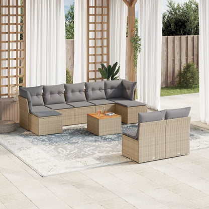 10-tlg. Garten-Sofagarnitur mit Kissen Beige Poly Rattan