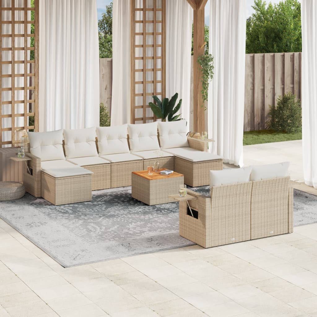 10-tlg. Garten-Sofagarnitur mit Kissen Beige Poly Rattan