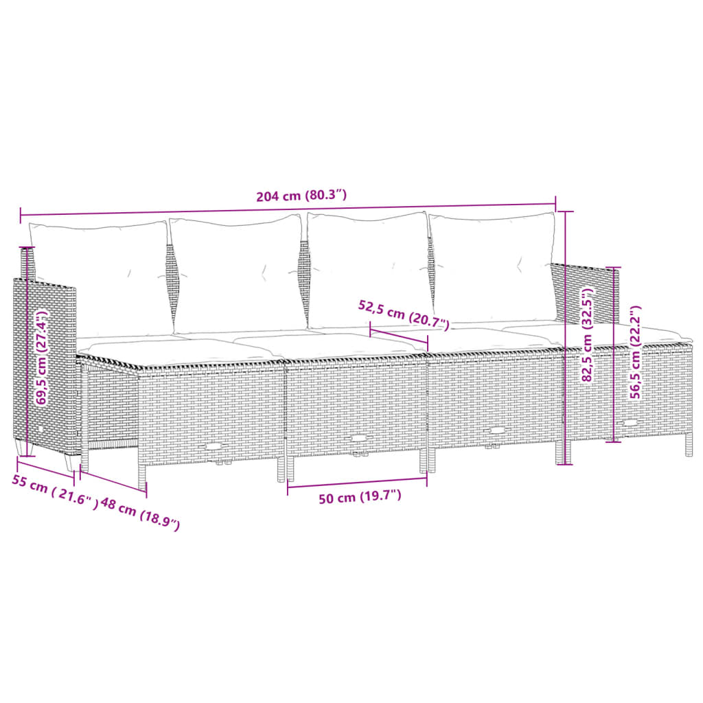 5-tlg. Garten-Sofagarnitur mit Kissen Hellgrau Poly Rattan