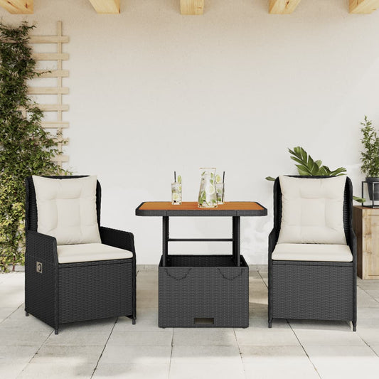 3-tlg. Bistro-Set mit Kissen Schwarz Poly Rattan