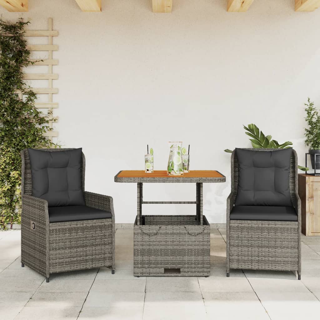 3-tlg. Bistro-Set mit Kissen Grau Poly Rattan