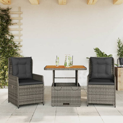 3-tlg. Bistro-Set mit Kissen Grau Poly Rattan