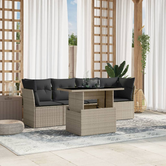 5-tlg. Garten-Sofagarnitur mit Kissen Hellgrau Poly Rattan